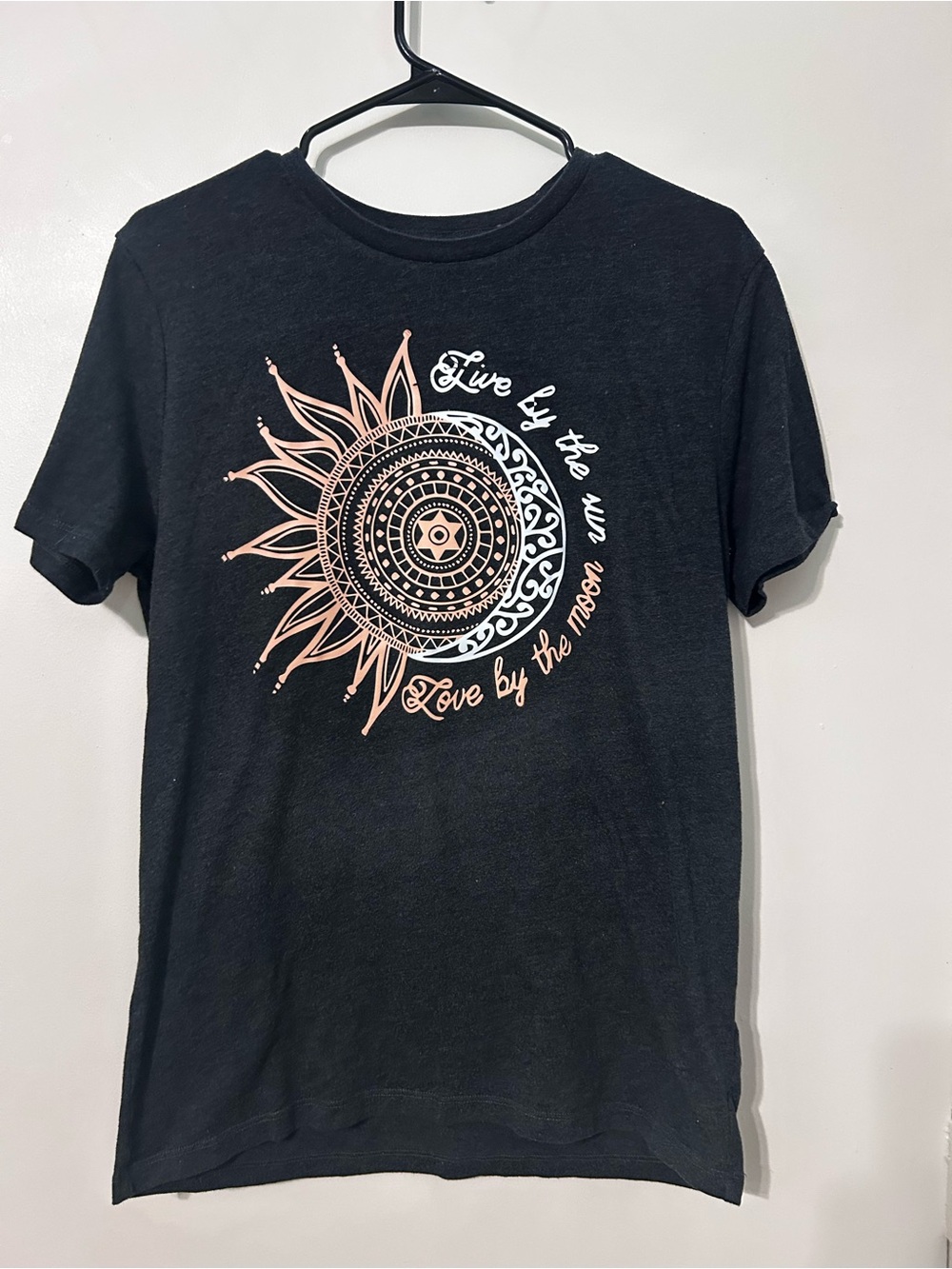 Old Navy Black Tee with Peach & White Sun-Moon Graphic